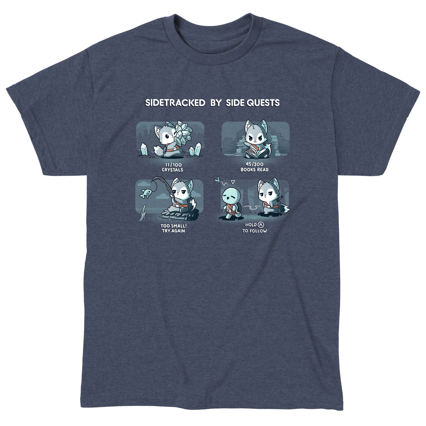 Classic Cotton T-shirt_TeeTurtle heather navy Sidetracked by Side Quests t-shirt featuring a wolf performing various video game side quests.