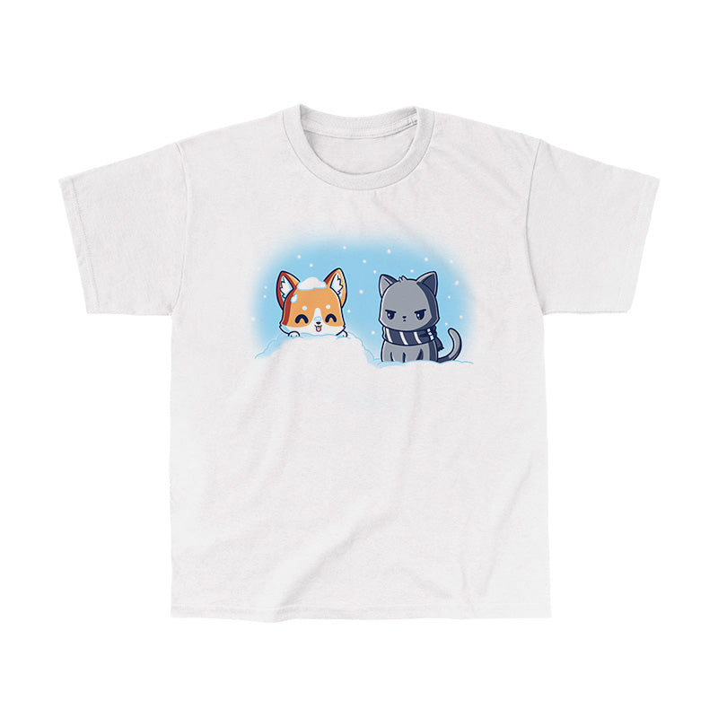 Classic Cotton T-shirt_Teeturtle Snow Pals White t-shirt featuring a puppy poking its head out of a snow mound with its tongue sticking out while an unamused cat in a striped woolen scarf looks on.