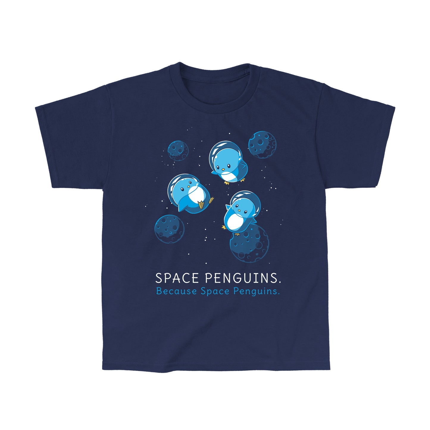 Classic Cotton T-shirt - featuring three cute little blue penguins in space helmets floating in space