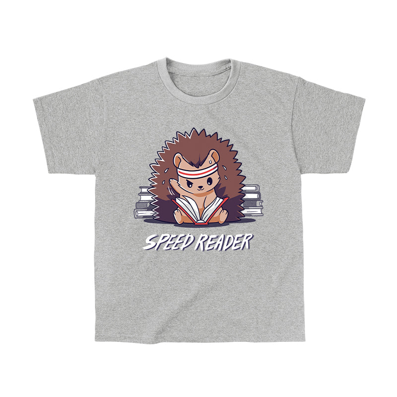 Classic Cotton T-shirt_TeeTurtle Speed Reader heather gray t-shirt featuring a sweating hedgehog in a sweatband rapidly reading books with the words 'Speed Reader' below.