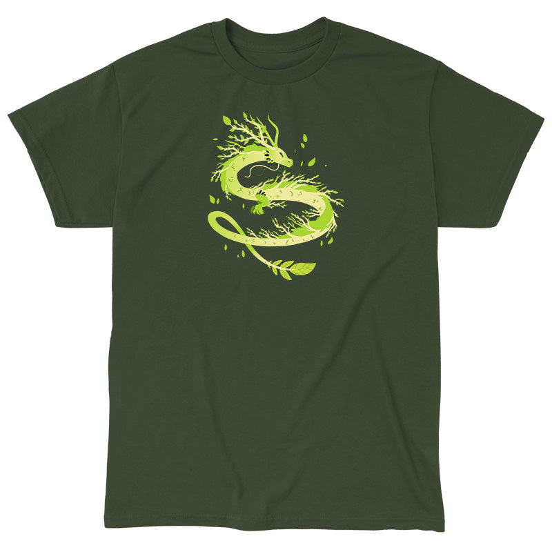 Classic Cotton T-shirt_TeeTurtle Spring Dragon forest green t-shirt featuring a dragon with leafy branches and vines emerging from its body.