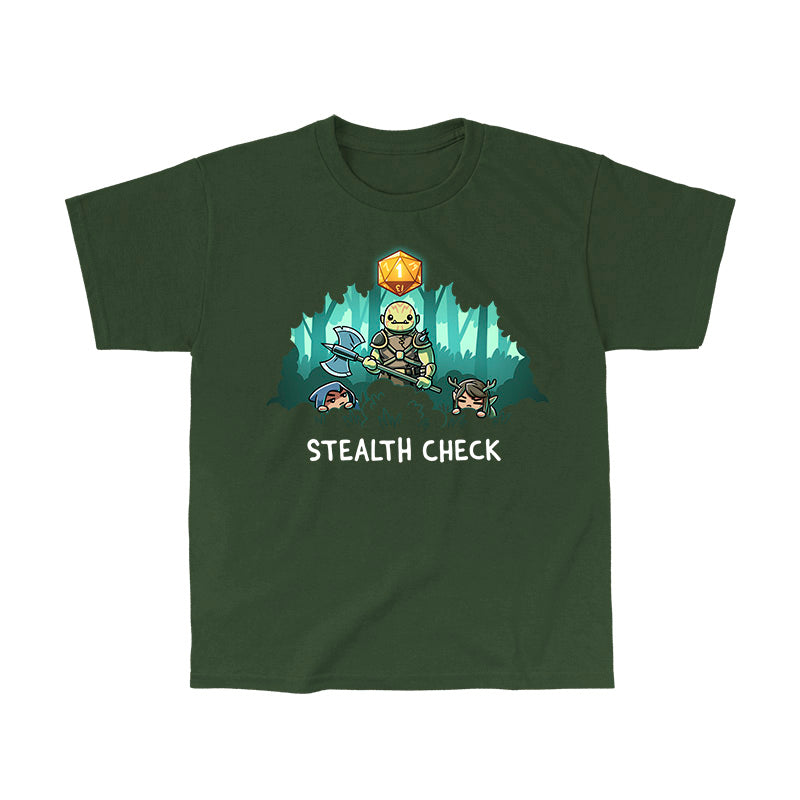 Classic Cotton T-shirt_TeeTurtle forest green Stealth Check apparel featuring an ogre fighter standing up in a bush prominently having rolled a 1 and failed its stealth check, with its fellow party members hiding in the bushes looking at it with deadpan expressions.