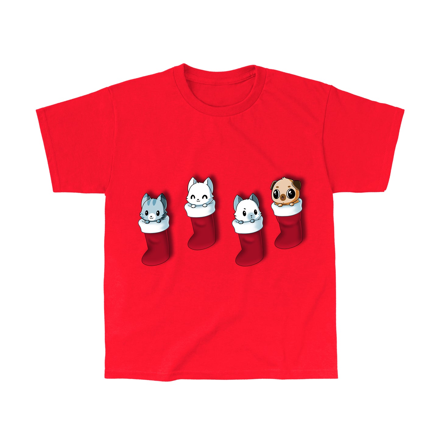 Classic Cotton T-shirt_TeeTurtle Stocking Stuffers red t-shirt featuring a group of three cats and pug puppy looking cute in Christmas stockings.