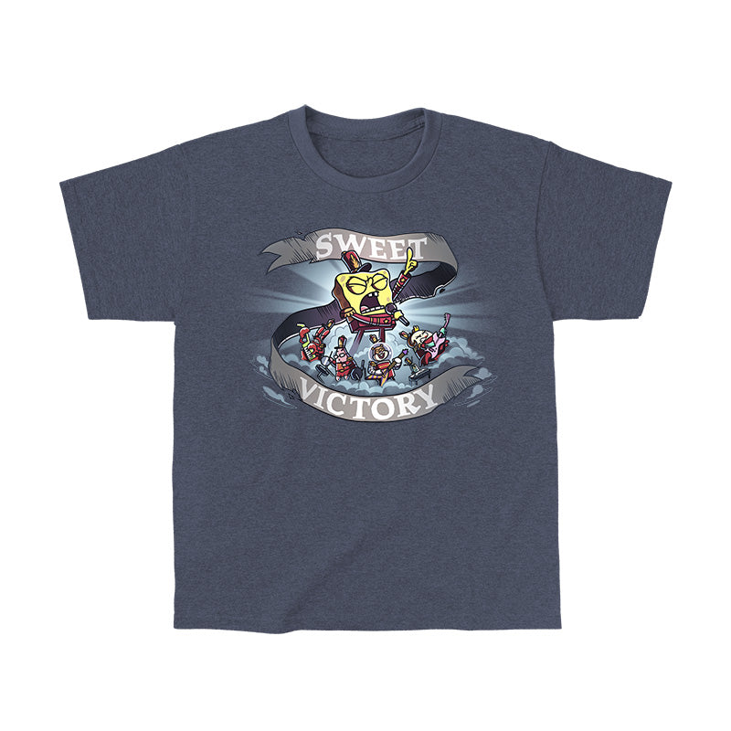 Classic Cotton T-shirt_TeeTurtle heather navy Sweet Victory apparel featuring SpongeBob SquarePants, Mr. Krabs, Patrick Star, Sandy Cheeks, and Mrs. Puff playing an epic song in marching band uniforms.