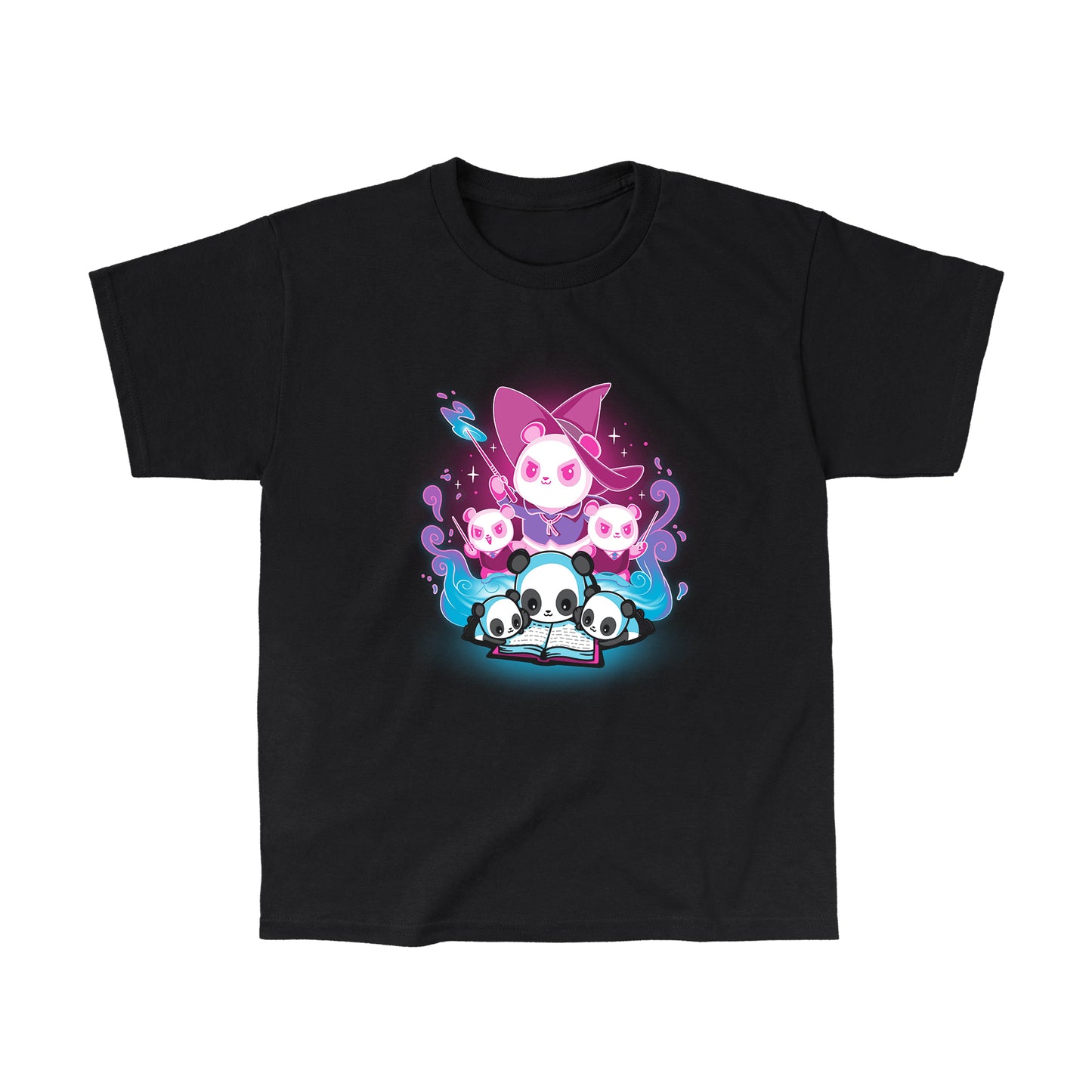 Classic Cotton T-shirt_Teeturtle black Tales of Magic apparel featuring a large panda wizard casting a spell, accompanied by two smaller wizard pandas, all surrounding an open book with blue, glowing pages.