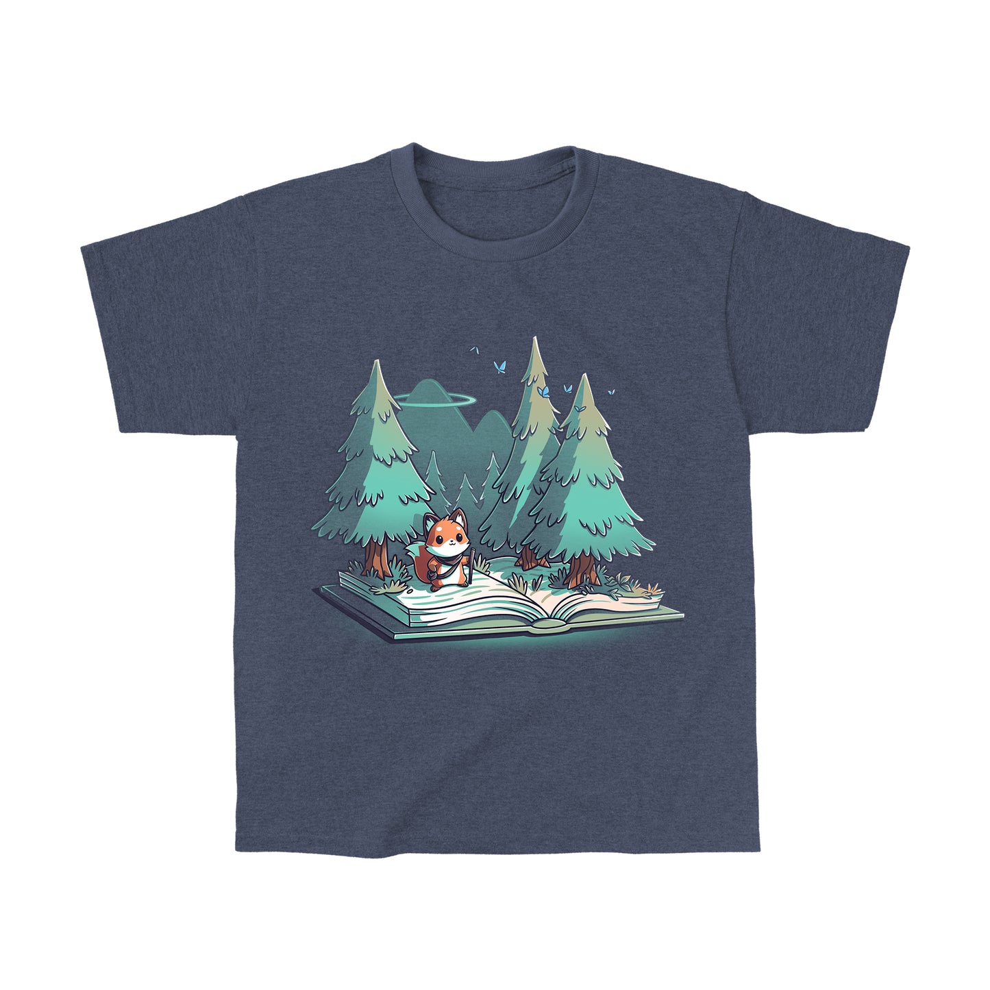 Classic Cotton T-shirt_TeeTurtle Adventurer's Tale Heather Navy t-shirt features an enchanting illustration of a fox standing on an open book transformed into a forest, with trees and mountains in the background.