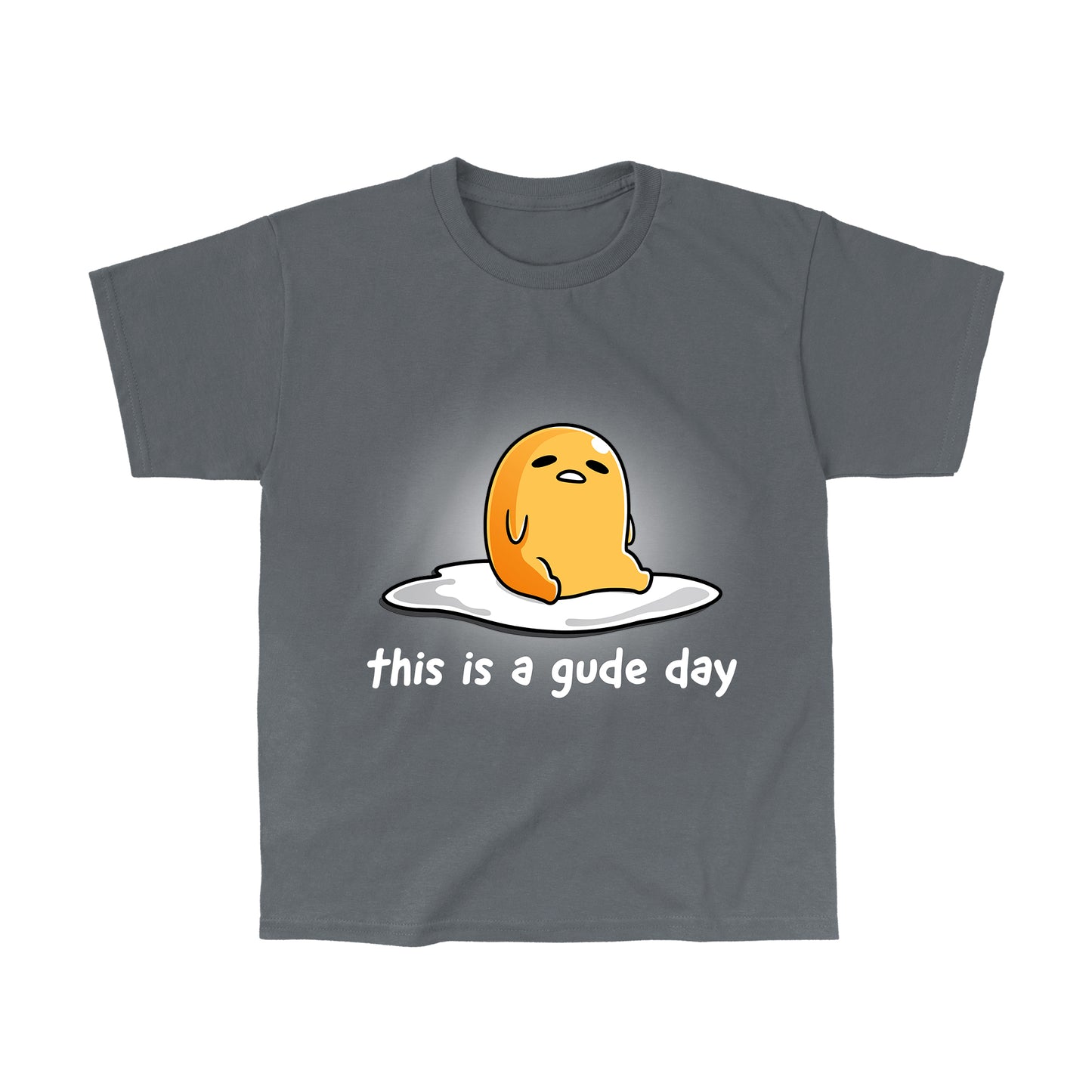 Classic Cotton T-shirt_TeeTurtle charcoal gray This is a Gude Day apparel featuring Gudetama with a tired expression sitting up in the middle of an egg white.