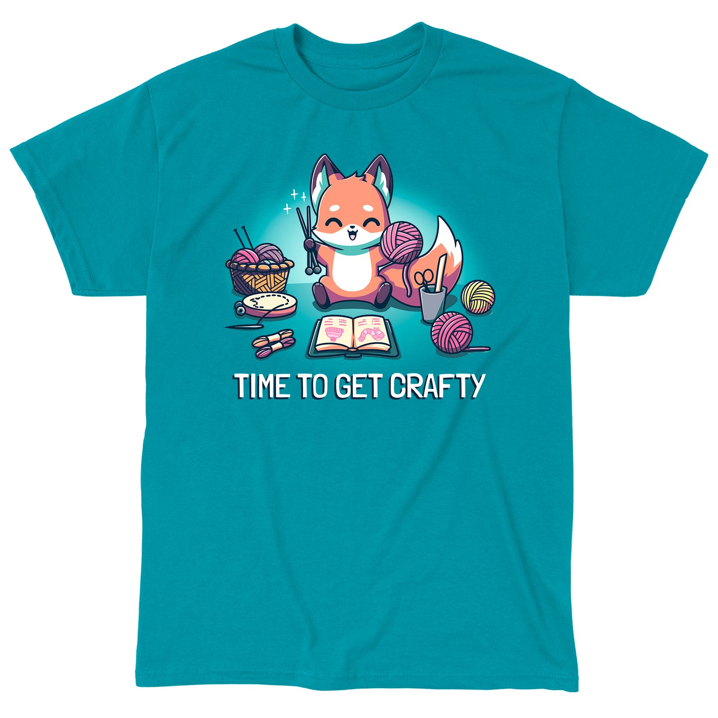 Classic Cotton T-shirt_TeeTurtle Time To Get Crafty Tropical Blue apparel featuring an artistic happy fox holding yarn and crochet hooks surrounded by various crafting supplies.