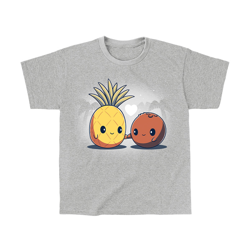 Classic Cotton T-shirt_TeeTurtle Tropical Love heather gray t-shirt featuring a cute pineapple and a coconut holding hands with a heart above them.