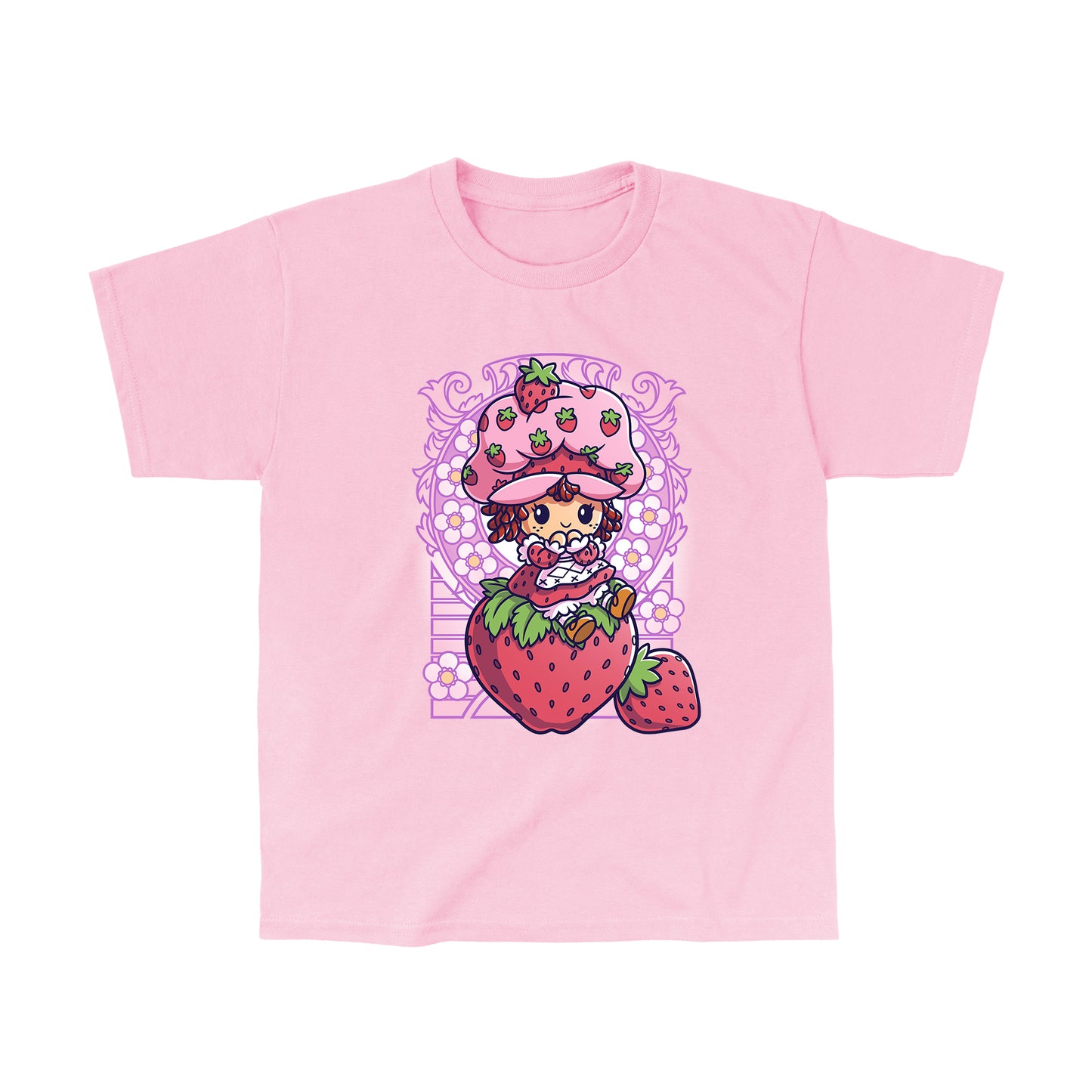 Classic Cotton T-shirt_TeeTurtle light pink Vintage Strawberry Shortcake apparel featuring Strawberry Shortcake sitting on a strawberry with art nouveau illustration elements.