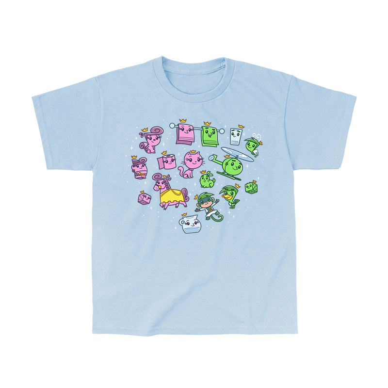 Classic Cotton T-shirt_TeeTurtle light blue Wanda & Cosmo Transformations apparel featuring the many animals and objects Wanda and Cosmo have transformed into, such as a squirrel, cat, horse, bunny, duck, bathroom towels, gnome, toilet paper roll, helicopter, dice, and glass of water.