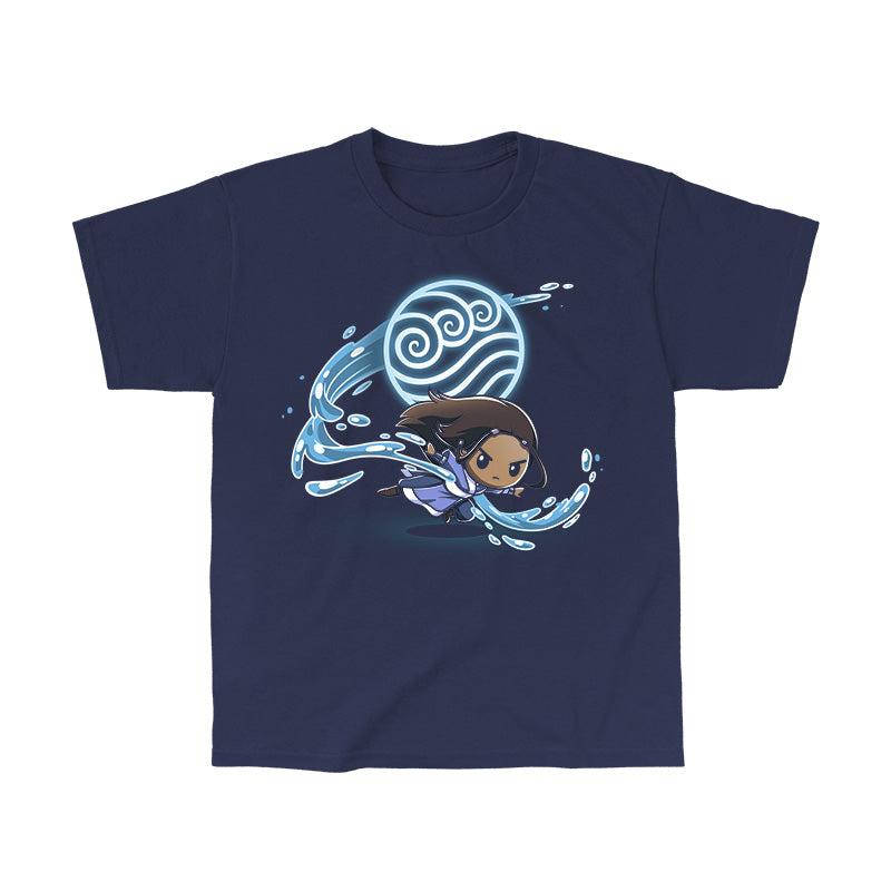 Classic Cotton T-shirt_TeeTurtle navy blue Water Tribe apparel featuring Katara waterbending with the Water Nation symbol in the background.
