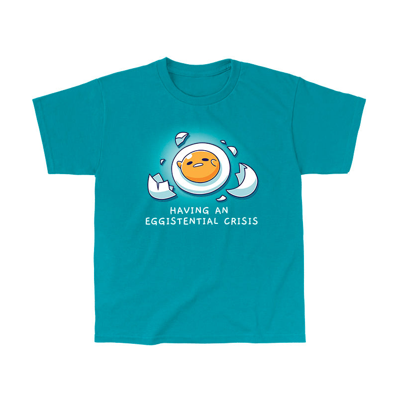 Classic Cotton T-shirt_TeeTurtle tropical blue Having An Eggistential Crisis apparel featuring Gudetama in a round yolk form surrounded by pieces of broken eggshells having an existential crisis with the caption, “Having An Eggistential Crisis“.