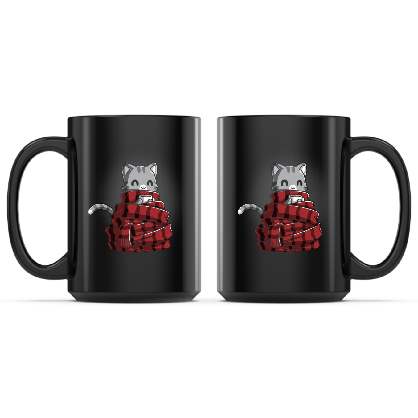 Ceramic Mug_TeeTurtle Get Cozy black mug featuring a smiling gray tabby cat wrapped in a cozy red plaid scarf while holding a warm mug.