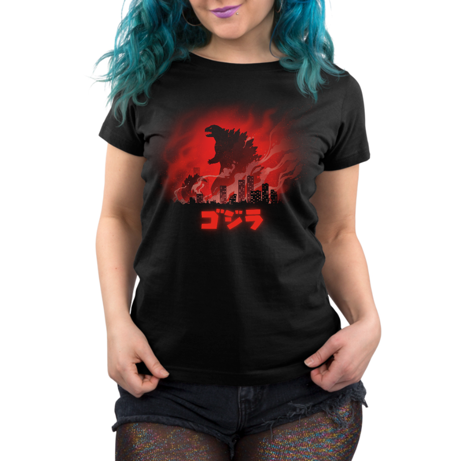 Premium Cotton T-shirt_TeeTurtle black Gojira apparel featuring a silhouette of Godzilla looming above a burning city, with "Gojira" in katakana underneath.