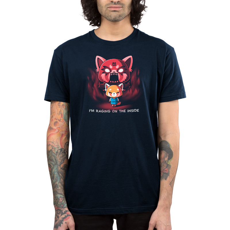 Premium Cotton T-shirt_TeeTurtle navy blue I'm Raging on the Inside apparel featuring a smiling Retsuko from Aggretsuko with an enraged red Retsuko and red flames in the background, and the caption, "I'm Raging on the Inside".
