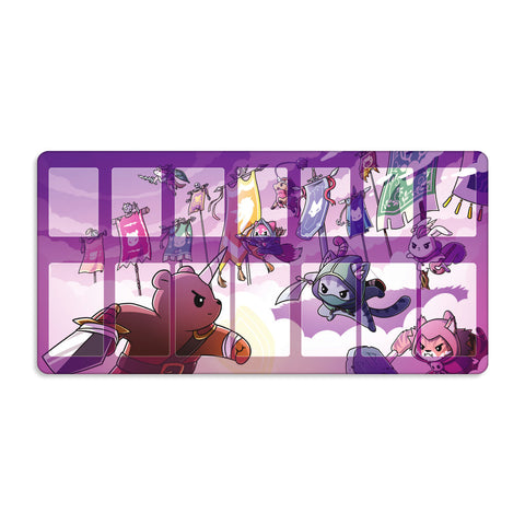 Cartoon animals with capes and masks soar through a purple sky among banners, ready for adventure on the Here to Slay: Banner Quest Play Mat by Unstable Games, featuring determined expressions and dynamic poses.