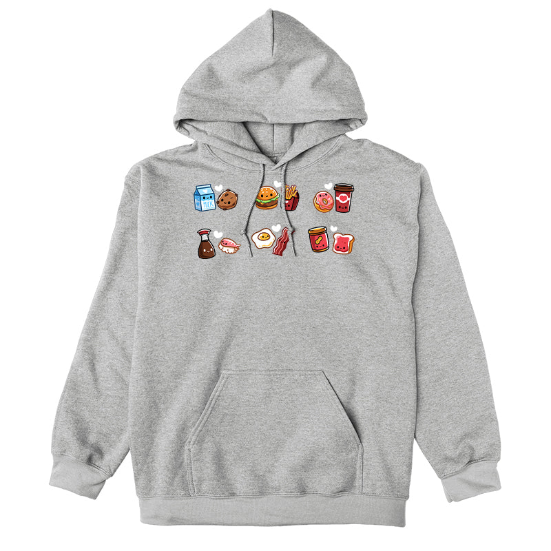 Pullover Hoodie_TeeTurtle heather gray Taste Buddies Pullover Hoodie featuring six pairs of food with smiling faces and a heart between each pair.