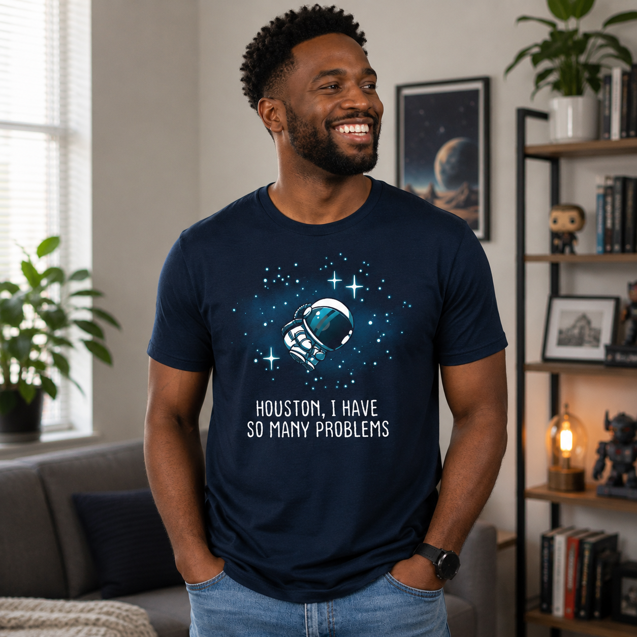 Premium Cotton T-shirt_TeeTurtle navy blue Houston, I Have So Many Problems t-shirt featuring an anxious astronaut floating in space.