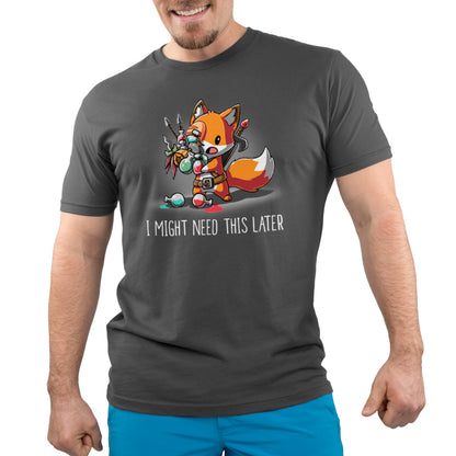 A man wearing a TeeTurtle t-shirt that says "I Might Need This Later" fox.