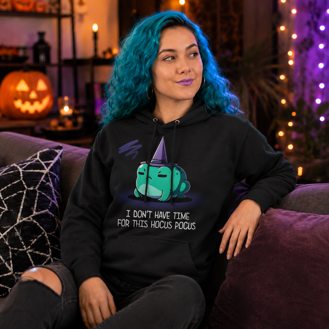 Pullover Hoodie_TeeTurtle black I Don't Have Time For This Hocus Pocus Pullover Hoodie featuring a grumpy teal frog wearing a purple witch hat with the text "I Don't Have Time For This Hocus Pocus."