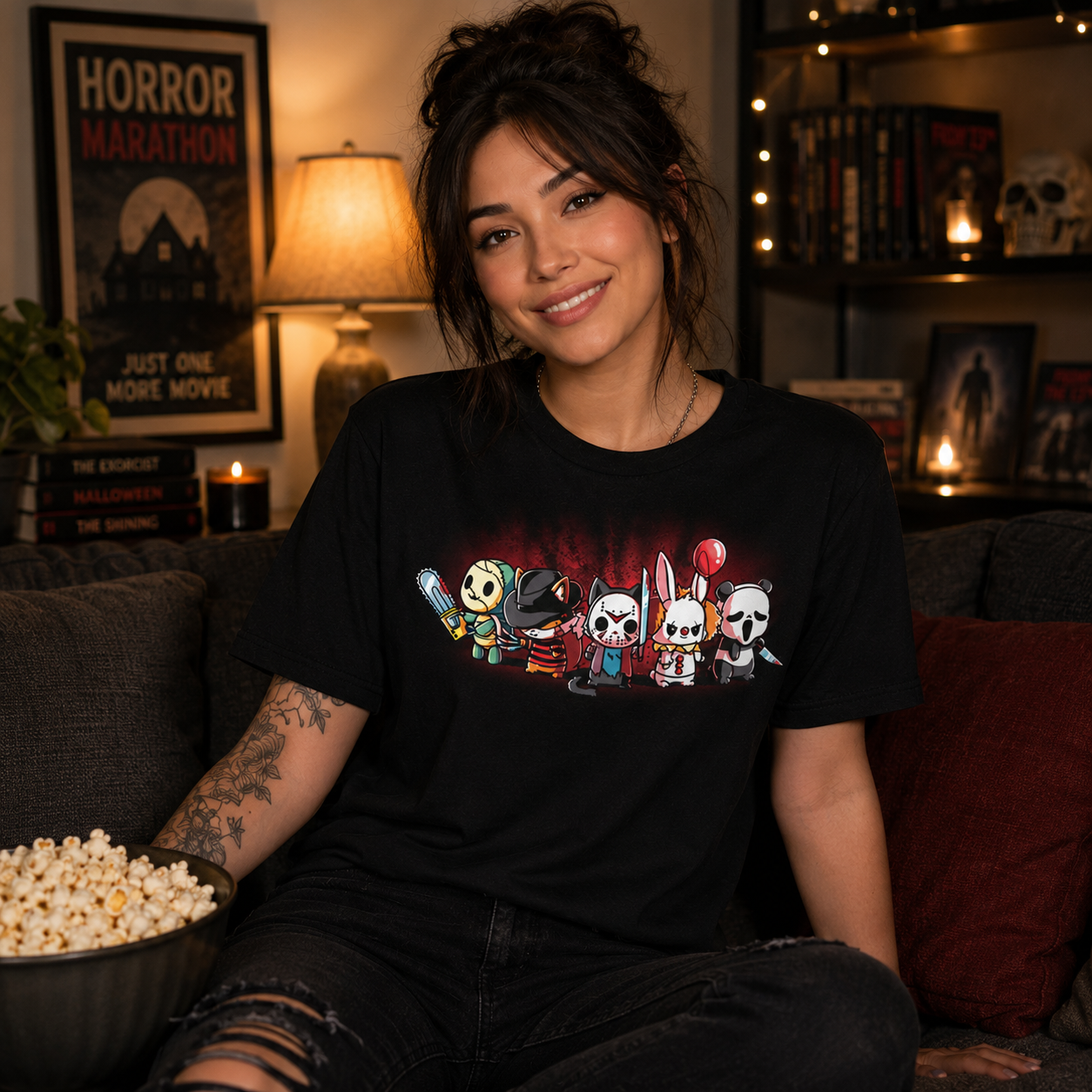 Premium Cotton T-shirt_TeeTurtle black Horror Crew. Featuring several animals dressed up as famous horror media characters.
