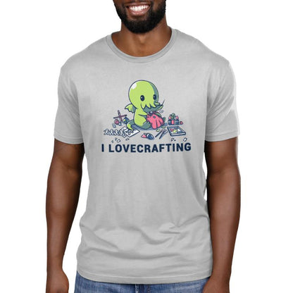 A man wearing a TeeTurtle t-shirt that says I Lovecrafting.