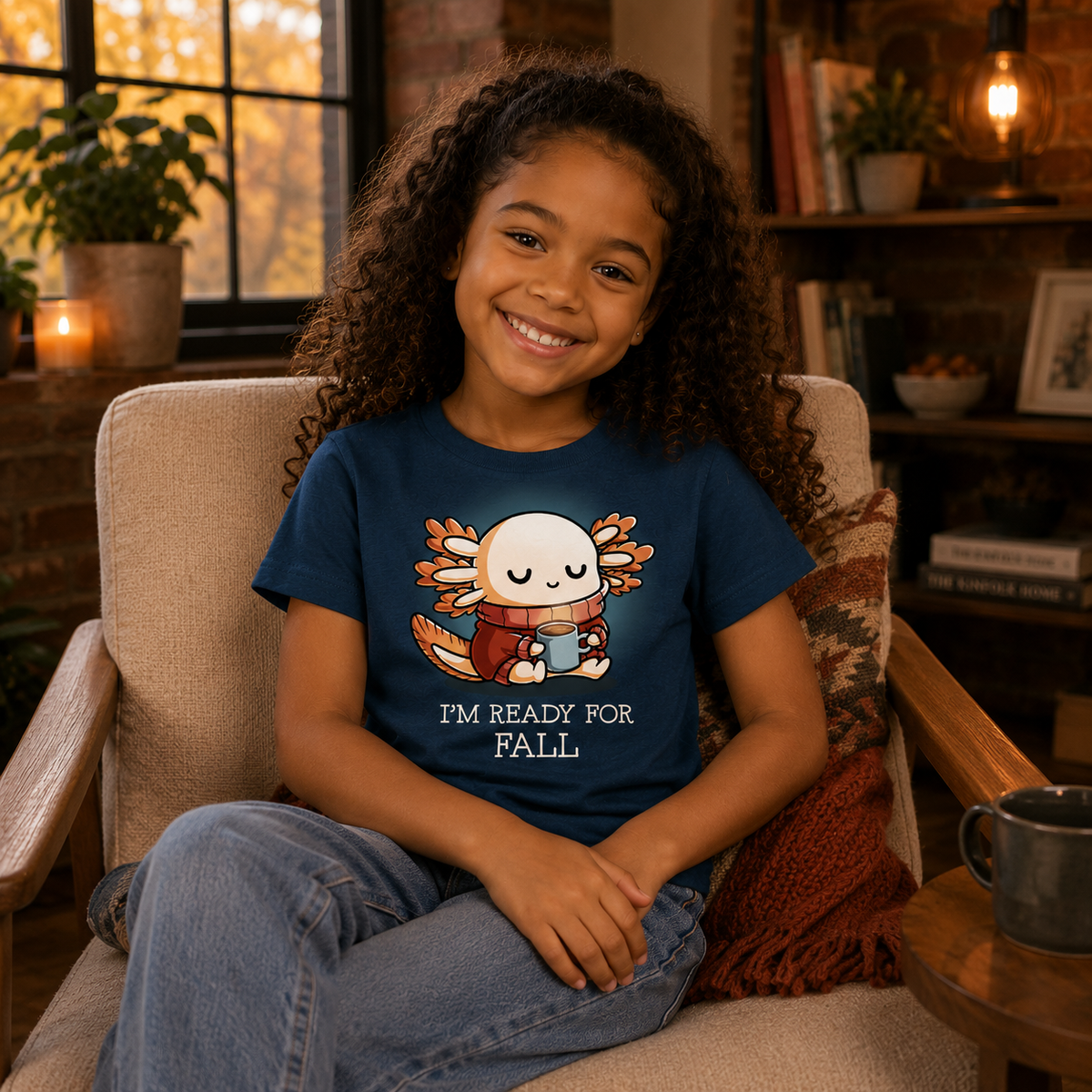 Kids' Classic T-shirt_TeeTurtle dark teal I'm Ready For Fall Kids' Classic T-shirt featuring a cute axolotl bundled in a red sweater and scarf while holding a warm mug with the text "I'm Ready For Fall."