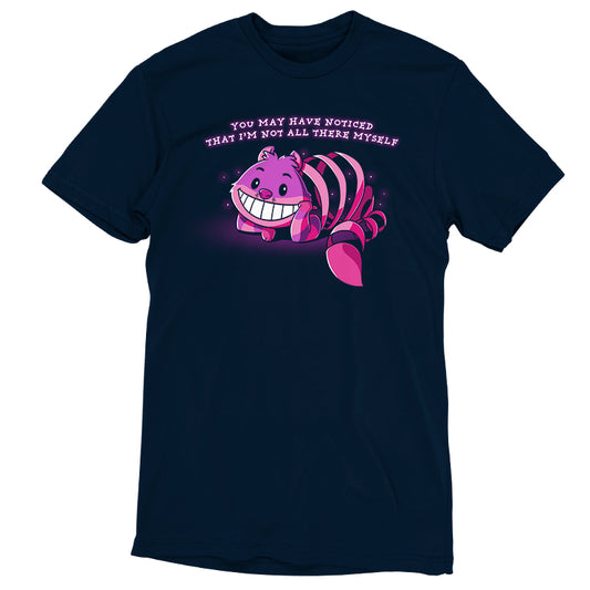 A t-shirt officially licensed by Disney and featuring an image of a pink and purple Cheshire Cat from Alice in Wonderland called 