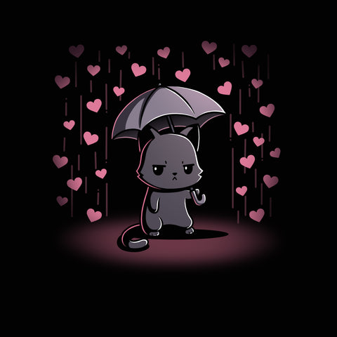 Premium Cotton T-shirt_TeeTurtle black Feeling Forecast Nope Premium Cotton T-shirt featuring a cat frowning and holding an umbrella, in the background there is pink rain with hearts.