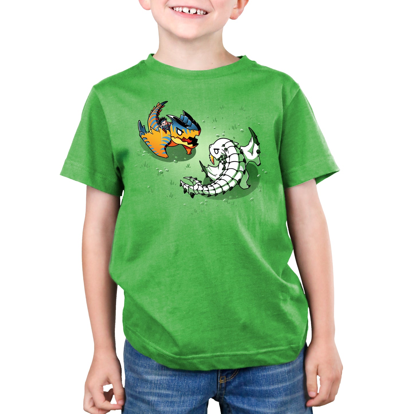 Premium Cotton T-shirt_TeeTurtle apple green Monster Battle apparel featuring Tigrex and Barioth circling each other in a grassy field, preparing to fight.