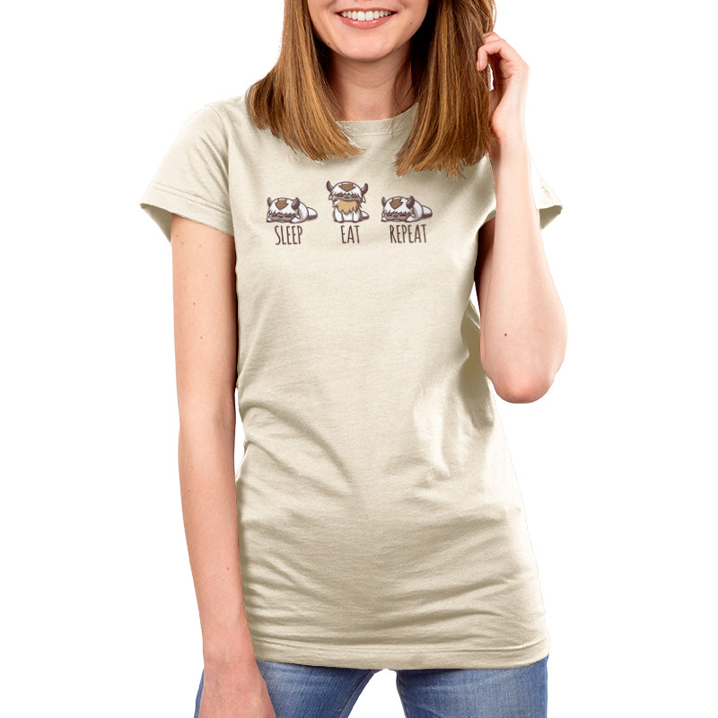 Premium Cotton T-shirt_TeeTurtle natural heather Appa Sleep Eat Repeat apparel featuring Appa from Avatar: The Last Airbender sleeping, eating hay, and sleeping again, with the caption, "Sleep, Eat, Repeat".