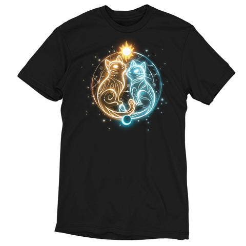 Premium Cotton T-shirt_TeeTurtle black Cosmic Whiskers apparel featuring a golden cat with celestial swirls and a white cat with celestial swirls facing each other with a celestial circle behind them, the sun on top, and the moon below.
