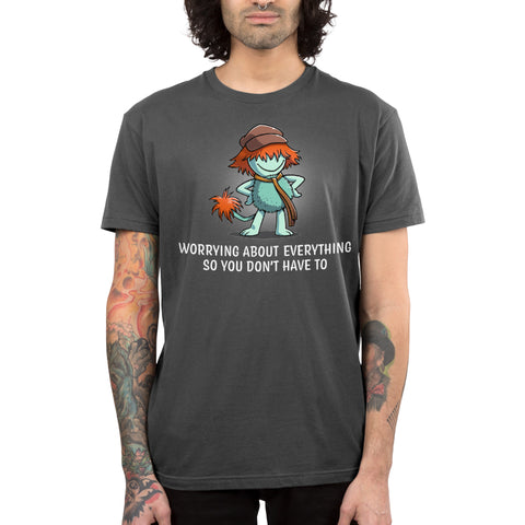 Premium Cotton T-shirt_TeeTurtle charcoal gray Worrying About Everything apparel featuring Boober from Fraggle Rock with his hands on his hips, and the caption, “Worrying About Everything So You Don’t Have To“.
