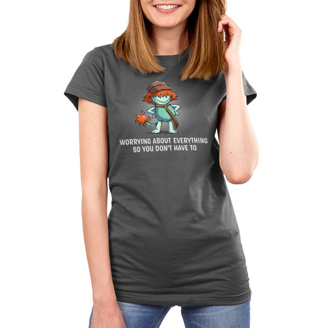 Premium Cotton T-shirt_TeeTurtle charcoal gray Worrying About Everything apparel featuring Boober from Fraggle Rock with his hands on his hips, and the caption, “Worrying About Everything So You Don’t Have To“.