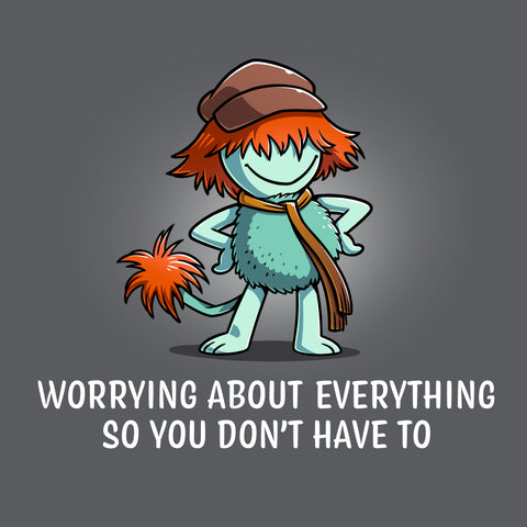 Premium Cotton T-shirt_TeeTurtle charcoal gray Worrying About Everything apparel featuring Boober from Fraggle Rock with his hands on his hips, and the caption, “Worrying About Everything So You Don’t Have To“.