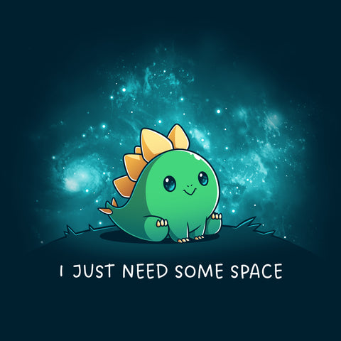 square-image-grid-Premium Cotton T-shirt_TeeTurtle navy blue I Just Need Some Space apparel featuring a stegosaurus sitting on top of a hill alone with constellations in the background.