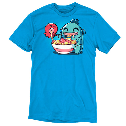 Premium Cotton T-shirt_TeeTurtle cobalt blue Ramen Hangyodon apparel featuring the Sanrio characters Hangyodon and Sayuri eating a large bowl of ramen.