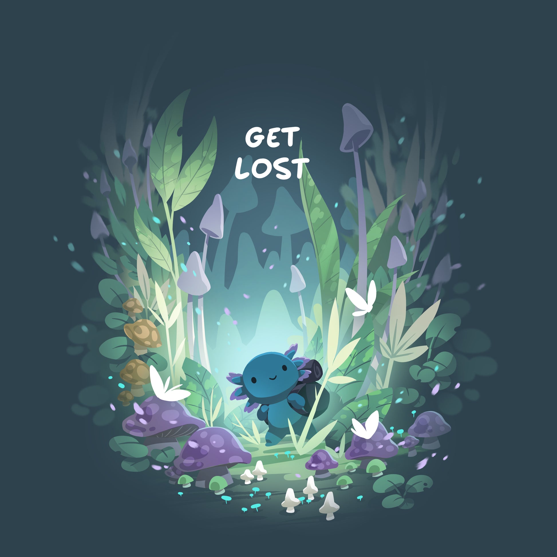 Illustration of a cute blue Axolotl Explorer surrounded by vibrant, mystical forest plants and mushrooms on a super soft ringspun cotton, denim blue T-shirt, with the phrase "get lost" at the top by monsterdigital.