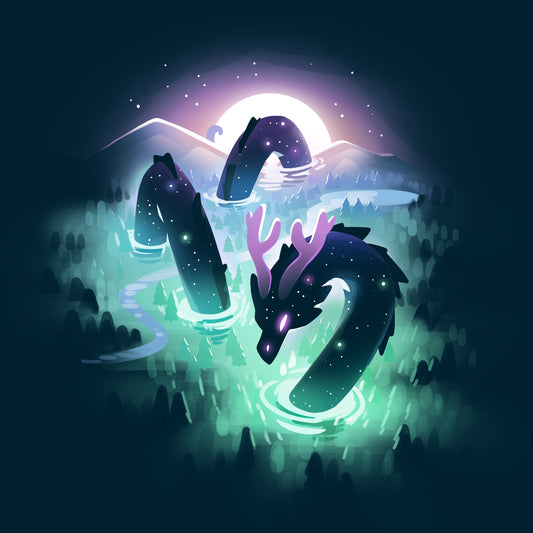 A mystical sea serpent glowing in shades of purple and green emerges from a dark ocean under a luminous full moon and mountainous backdrop, illustrated on a navy blue Cosmic Colors T-shirt by monsterdigital.