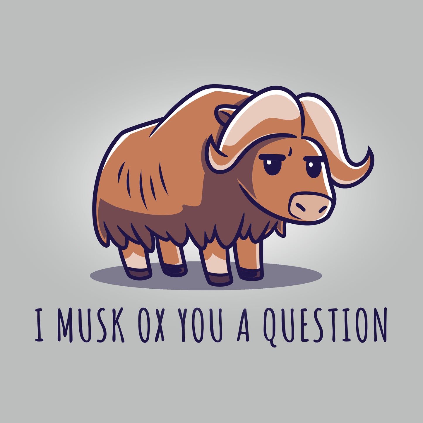 Illustration of a cartoon musk ox on a super soft ringspun cotton unisex tee with the pun "Musk Ox You a Question" beneath it by monsterdigital.