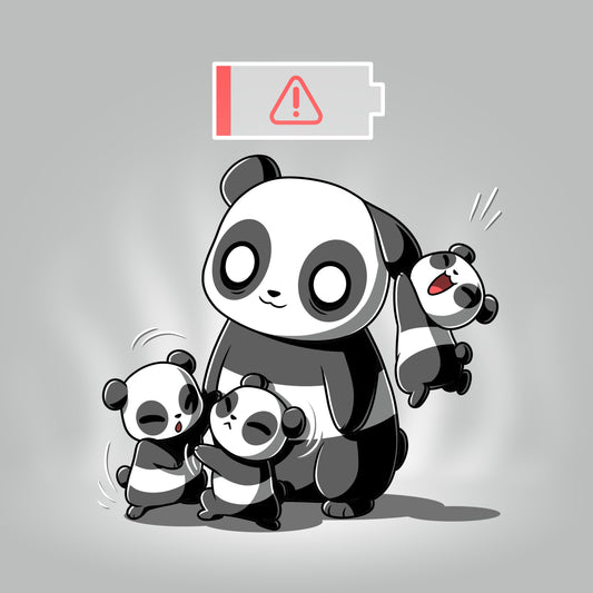 A Running on Empty Men's T-shirt featuring a cartoon of a panda with three playful cubs, one on its back, in a minimalistic style with a low battery icon overhead by monsterdigital.