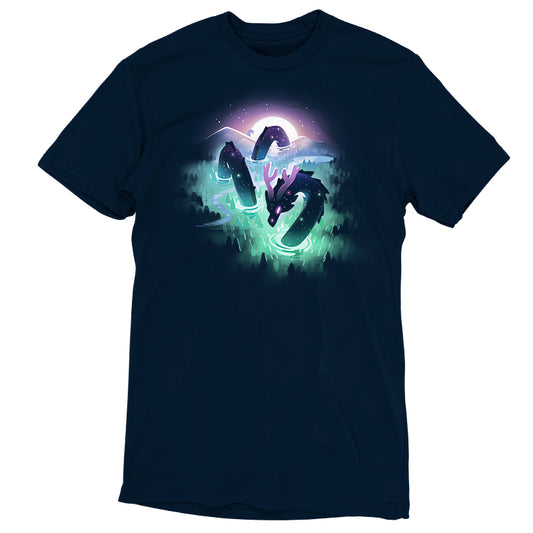 Cosmic Colors navy blue unisex tee by monsterdigital featuring a luminous, mystical forest scene with glowing green trees and a ghostly dog silhouette.