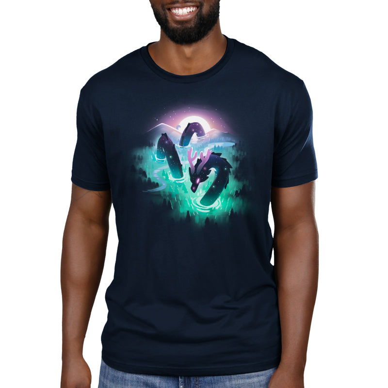 Man wearing a navy blue t-shirt with a Cosmic Colors northern lights and wolf graphic design by monsterdigital.