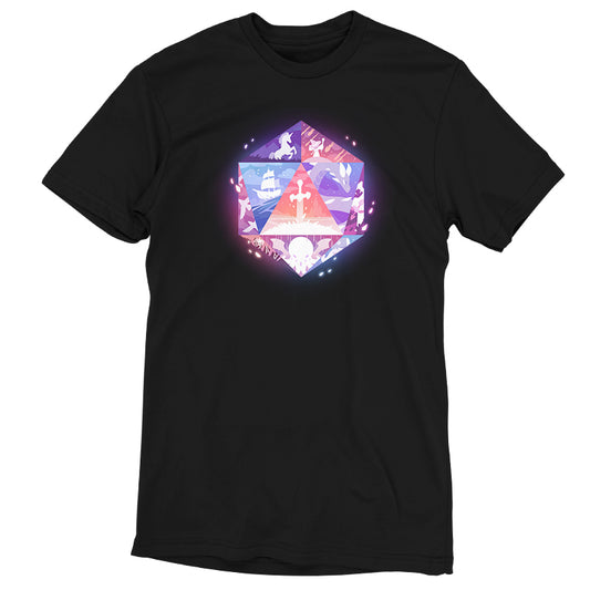 Men's t-shirt with a colorful graphic of a fantasy landscape and characters within a hexagonal frame from D20 Adventures by monsterdigital.