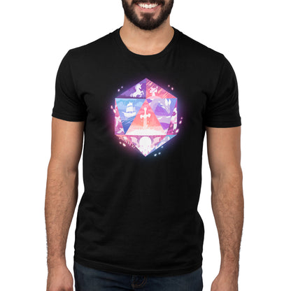 Men's D20 Adventures T-shirt with a colorful geometric graphic design featuring a mountain landscape by monsterdigital.