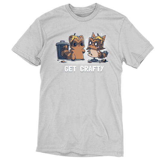Unisex gray Crafty Raccoon t-shirt featuring a cartoon of two mischievous raccoons near a tipped-over trash can, with the phrase 