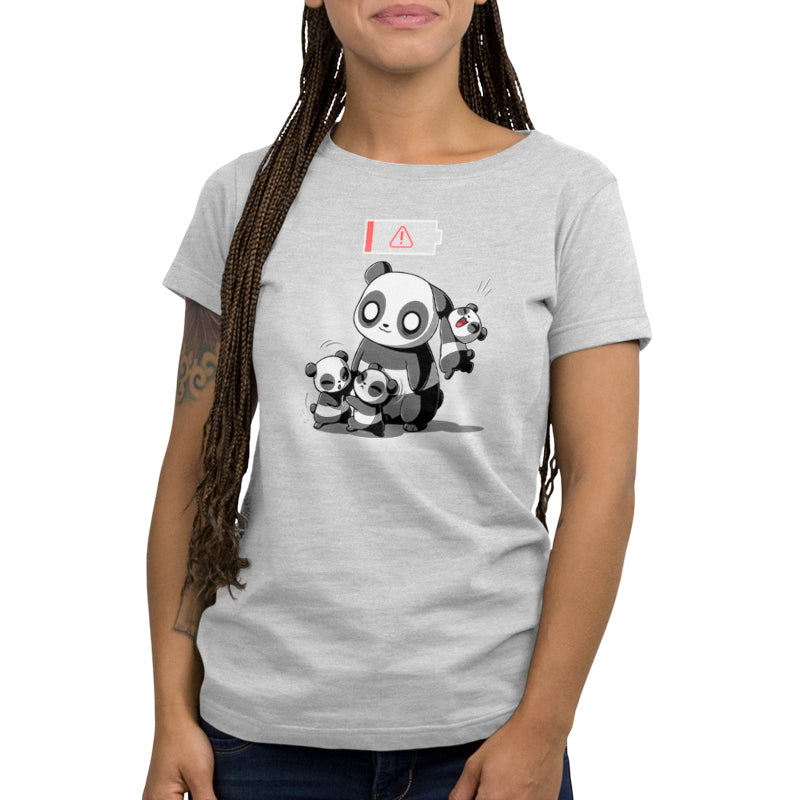 Woman wearing gray Running on Empty Women’s t-shirt with cartoon panda design, featuring three pandas around a warning sign by monsterdigital.