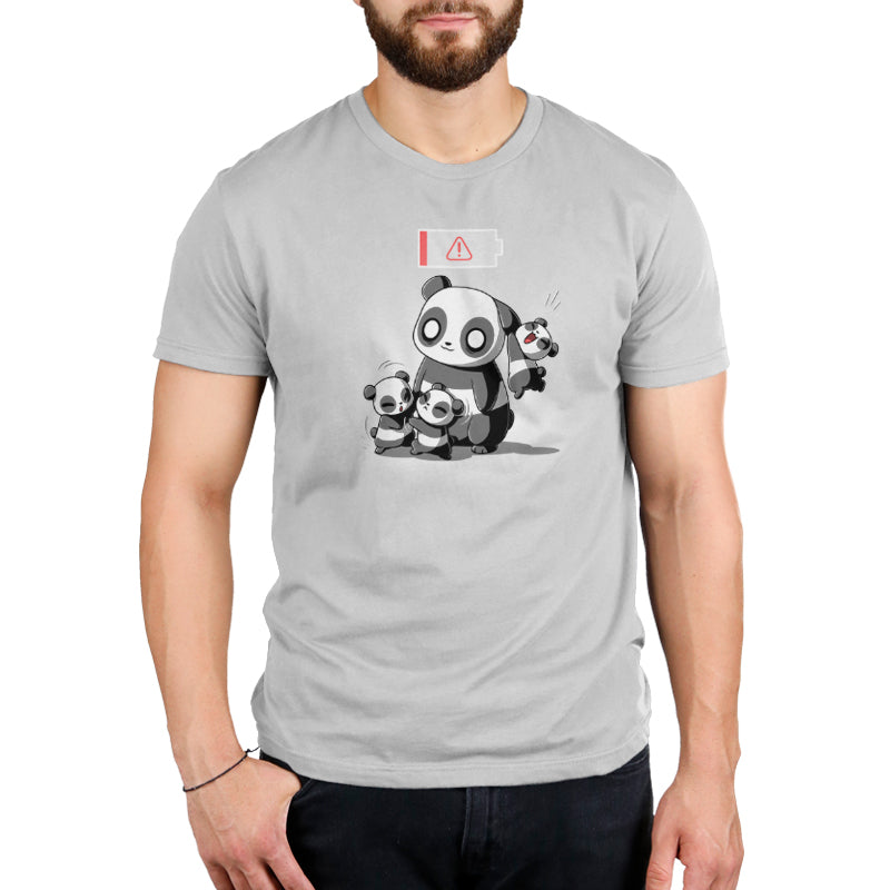 Man wearing a gray Running on Empty Men’s T-shirt from monsterdigital featuring a cute design of a panda with robotic elements and a small red triangle icon.