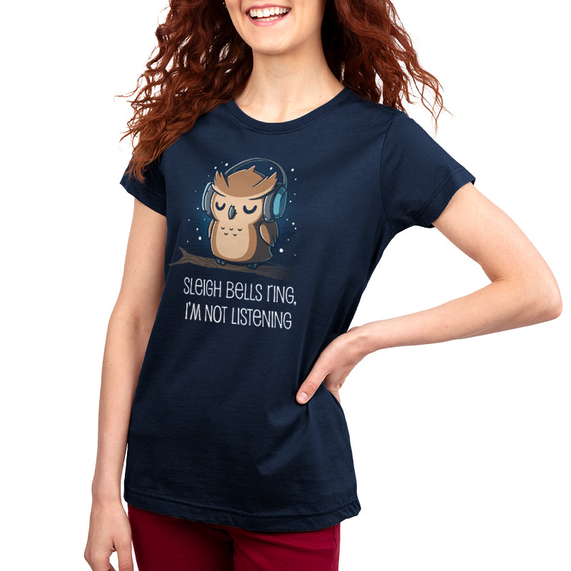 Premium Cotton T-shirt - A super soft navy blue Sleigh Bells Ring, I'm Not Listening apparel from TeeTurtle with an owl wearing headphones and the words "sleigh bells ting i'm not listening.